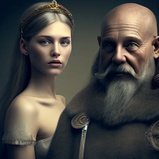 Viking theme, a younger woman sitting next to a 50-year-old man, portrait, 8K, close-up face, anatomically perfect face, Highly detailed stunning full frame portrait, misty and cloudy atmosphere