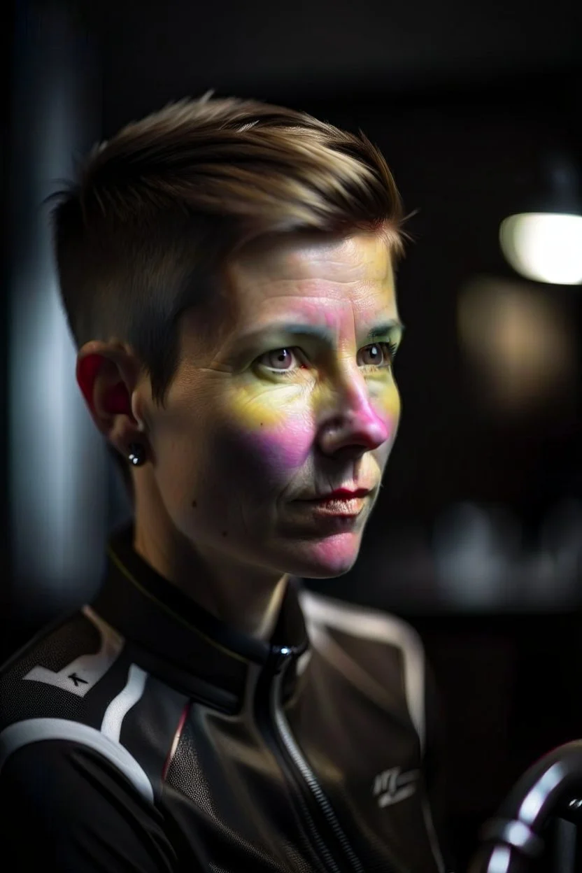 She is in a luxury kitchen, and has a lean, athletic build, a testament to her years of cycling. Her short-cropped hair, worn for aerodynamics during races, gives her a distinctive and androgynous look. upper body portrait, photo-realistic, shot on Hasselblad h6d-400c, zeiss prime lens, bokeh like f/0.8, tilt-shift lens 8k, high detail, smooth render, down-light, unreal engine 5, cinema 4d, HDR, shot in luxury kitchen