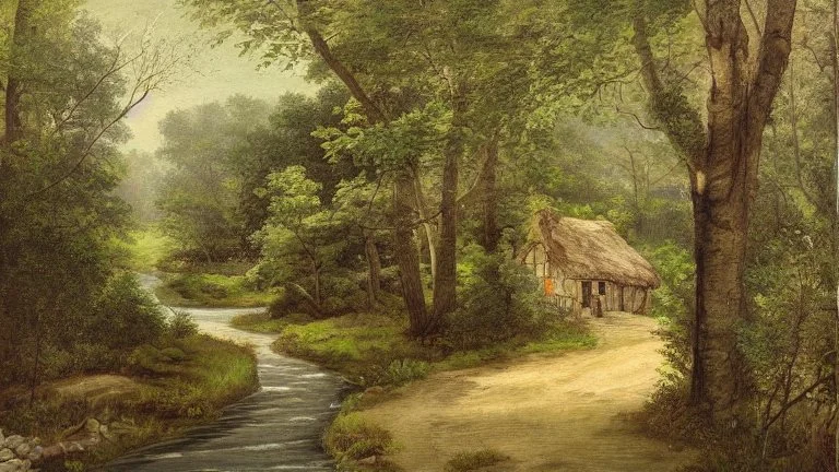 cottage in a woodland with pathway and river