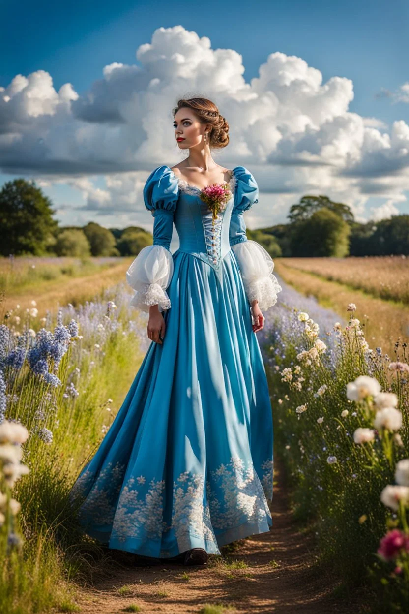 fullbody girl makeup wearing a victorian dress walking in country side ,flowers ,pretty clouds in blue sky