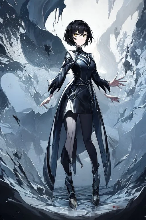 Anime girl with short black hair and sharp green eyes, holding a pike, full body black and white metal plate armour, full body shot, Dramatic lighting,1woman, soaked in blood, standing pose, close shot, lean body,