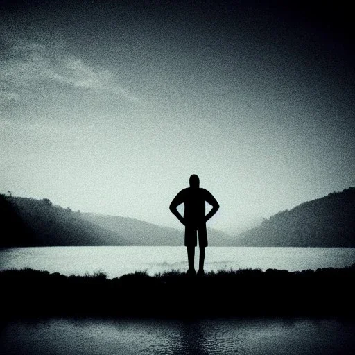 dark man shadow float in sky. scared people. river. river rock . valley . night