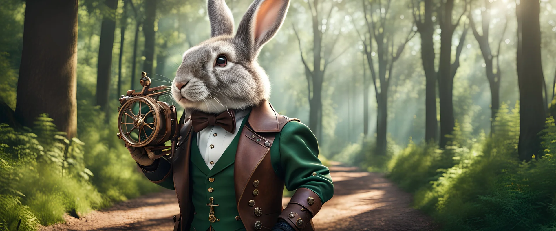 High-end state-of-the-art STEAMPUNK aesthetics flawless, cute Rabbit holding odisseus bow, forest alley background, close-up shot, realistic,Highest quality telescopic Zeiss Zoom lens, supreme cinematic-quality photography, steel walnut wood green leather clothes, Art Nouveau-visuals,Vintage style Octane Render 3D technology,hyperrealism photography,(UHD) high-quality cinematic character render,Insanely detailed close-ups capturing beautiful complexity,Hyperdetailed,Intricate,