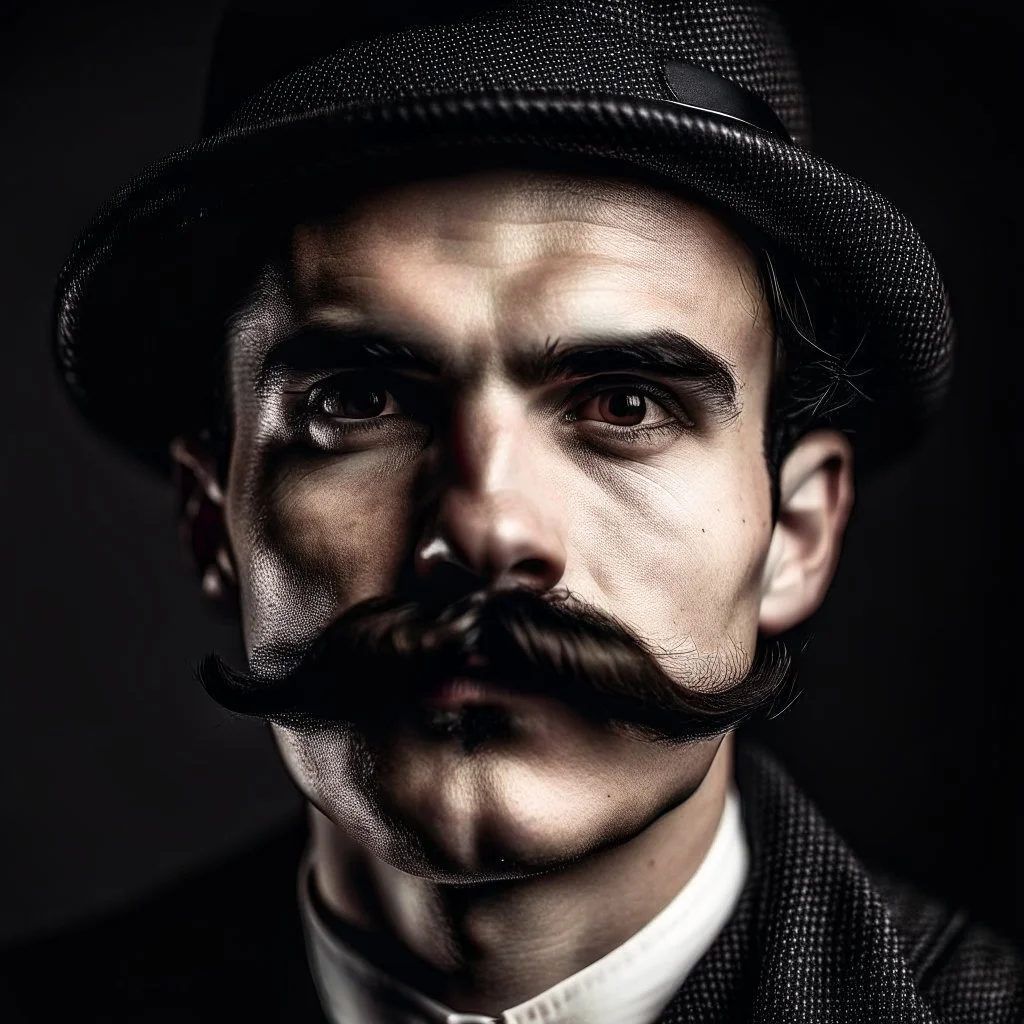 a portrait of a man with charlie chaplin style moustache