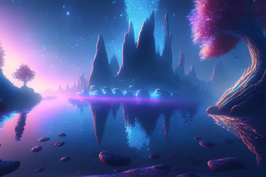 blue and gold crystal cosmic and galactic ambiance sky trees river lake surreal, full of details, smooth, bright sunshine，soft light atmosphere, light effect，vaporwave colorful, concept art, smooth, extremely sharp detail, finely tuned detail, ultra high definition, 8 k, unreal engine 5, ultra sharp focus