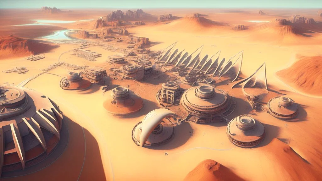 desert city from above, wind generators, retro futuristic