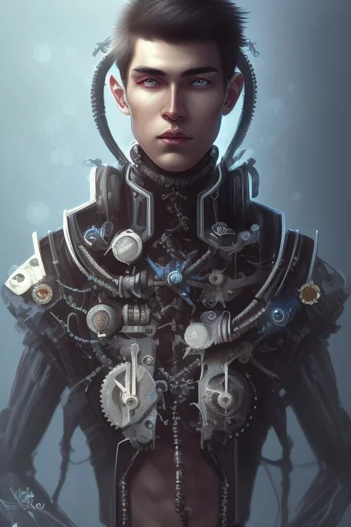 emaciated, black skinned, dark elf, male teenager with pointy earlobes, long white hairdo, blue irises, steampunk exoskeleton powered by gears, quadriplegic, fantasy style