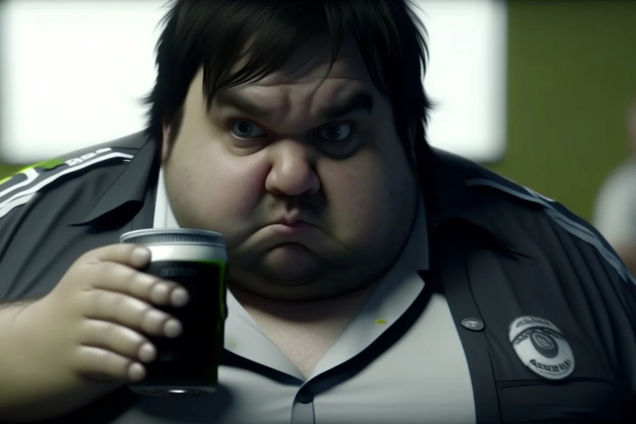 Cree l image d un agent de sécurité obese et sale. Il porte une chemise blanche tachée et boit une cannette de la marque monster. Il a des cheveux noirs hirsutes. 4k realiste. Il est très sale, il sent mauvais.