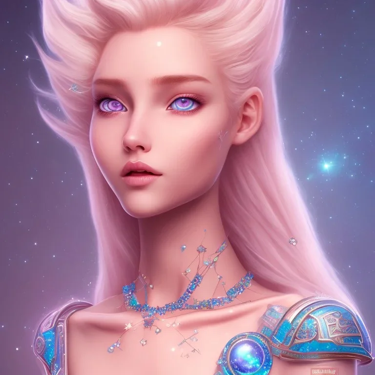 cosmic petit prince belle fine, profil de trois quart, grand front cosmique, peau bleu cristalline, yeux bleu, perle sur le front long cheveux blond et rose etoilé, cristaux sur le corps, collier de grande princesse, levres souriante, très jolie sourire