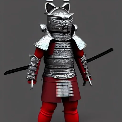 Modélisme trois dimensions, chat, anthropomorphique, habillé comme un samurai, armure très détaillé, armure rouge, armure argent