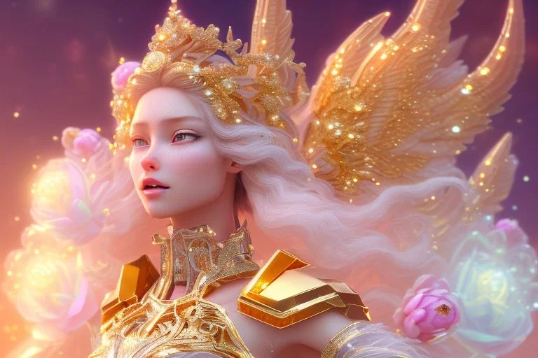 very beautiful crystal and gold goddess in a galactic ambiance, nice smiling, transparent petals, delicate colors, full of details, smooth, bright sunshine，soft light atmosphere, light effect，vaporwave colorful, concept art, smooth, extremely sharp detail, finely tuned detail, ultra high definition, 8 k, unreal engine 5, ultra sharp focus