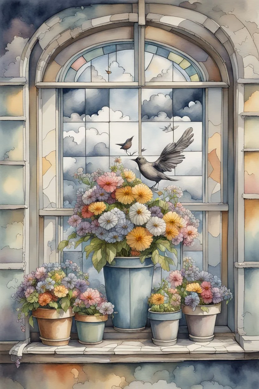 Shabby chic window with flowerpots and bouquets filled with beautiful flowers.full sunlight, stormy clouds, bird, watercolour and ink, stained glass Modifiers: elegant intricate beautiful fantastic view crisp quality colourful Jean-Baptiste Monge pastel colors full view