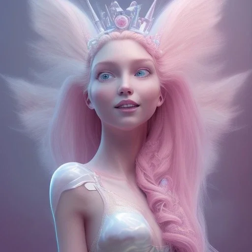 a large pink castle, a cheerful fairy in front, big smile, pink, blonde hair, beautiful, whole face, whole top hair head, wide open blue eyes, transparent wings onn the back, hyperrealism, masterpiece, expert, cinematic lighting, sharp focus, 8K, pastel, macro lens, woman, detailed, flower