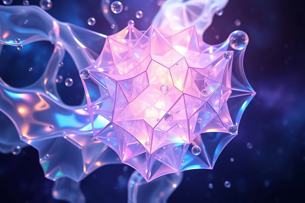 Hypnotic translucent 3D fractal geometry evolving between fluid organic and precise geometric forms, iridescent glass with inner glow and suspended bubbles, smooth random translucent elements against a galaxy background, cinematic g