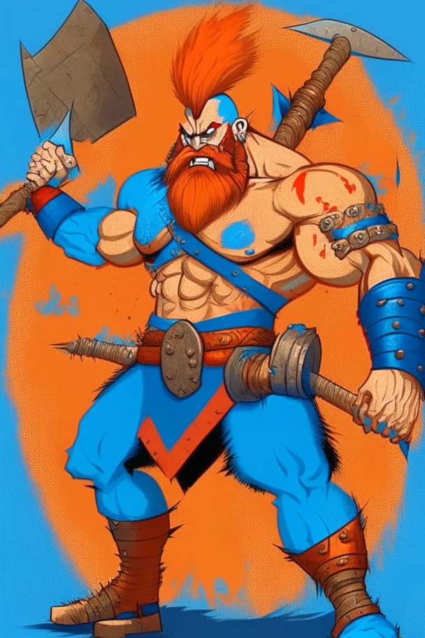 Zaprodan, the 'Thunder Drummer' is depicted as a short and stout man, thick and barrel-chested. His arms strong from swinging his hammer all day. His armor is blue steel, detailed in a deep orange color. He has a fire red Mohawk and beard. He wields a battle axe of great power. It has been lost for centuries. He is a god quick to laughter and celebrating, drinking ale and toasting to his mighty deeds with his allies