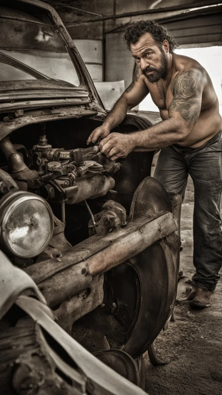 photography of a dirty burly chubby gipsy manly man serious repairing a car, , 44 years old, beefy, ugly , dirty curly hair, sweat, tattoo, with completely broken cotton pants, bulge, beard , angry eyes, bare-chested, huge belly, in industrial area, photorealistic, side light, view angle from low , ambient occlusion