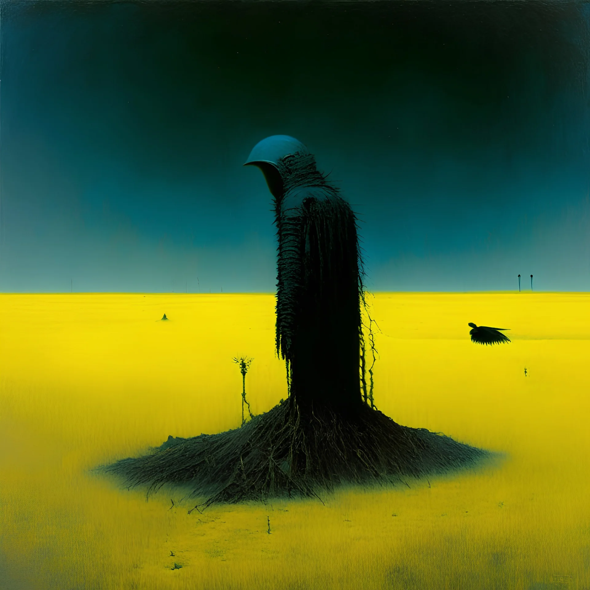 "Indefinite Divisibility" by Zdzislaw Beksinski, dramatic unreal landscape, matte oil painting, large scarecrow with an astronaut helmet on propped up on a wooden stake in a yellow field, smoking lunar lander wreck in the distance, biomechanical black lovecraftian crow-like hydrids, daytime, dynamic composition, oddball masterpiece, sfumato, complex contrast