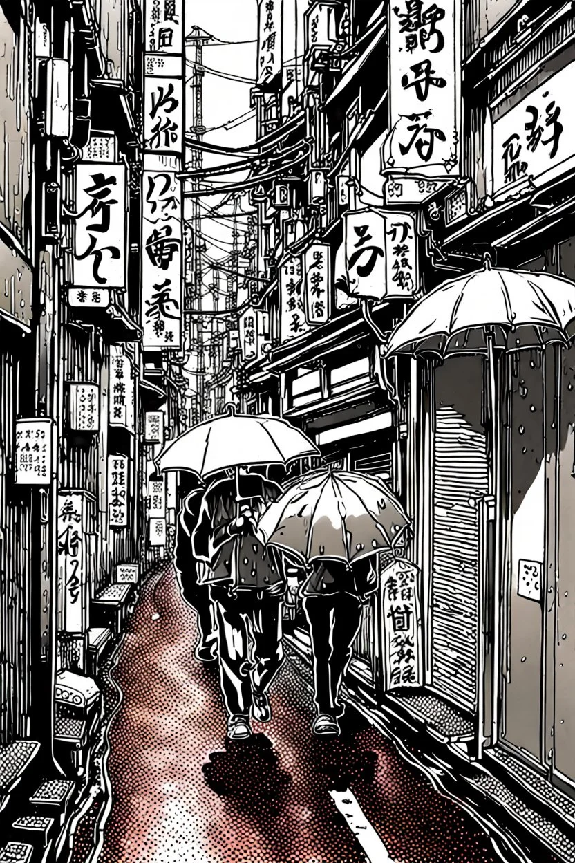 Tokyo alleys, line arts, rain