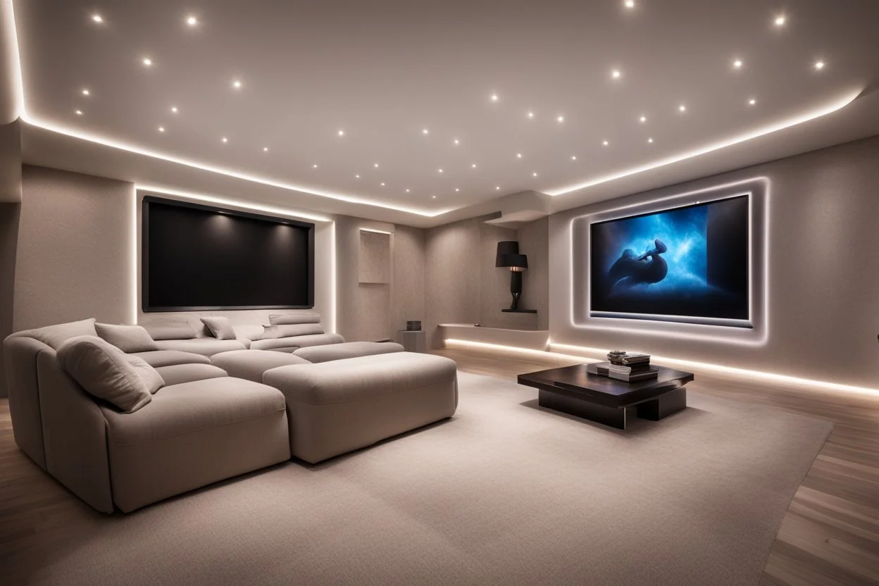 a dedicated home cinema room with LED ambient lighting in the walls make sure the room is completely symmetrical