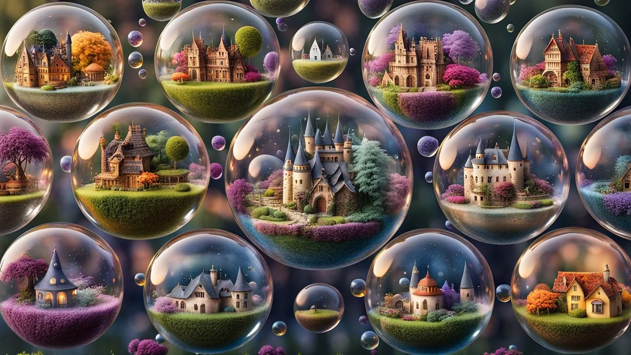 A stunning 3D render of miniature worlds, captured in floating transparent bubbles. Each bubble showcases a unique scene, such as quaint villages, mystic, gardens, tropical island, enchanting castles, alien palnet, or whimsical fairy-tale landscapes. The miniature towns with featuring quaint houses, markets, and charming residents. In the gardens colorful delicate flowers and lush greenery. The castles are majestic and grand, with towers, big gates. Unusual and captivating plants coexist with ma