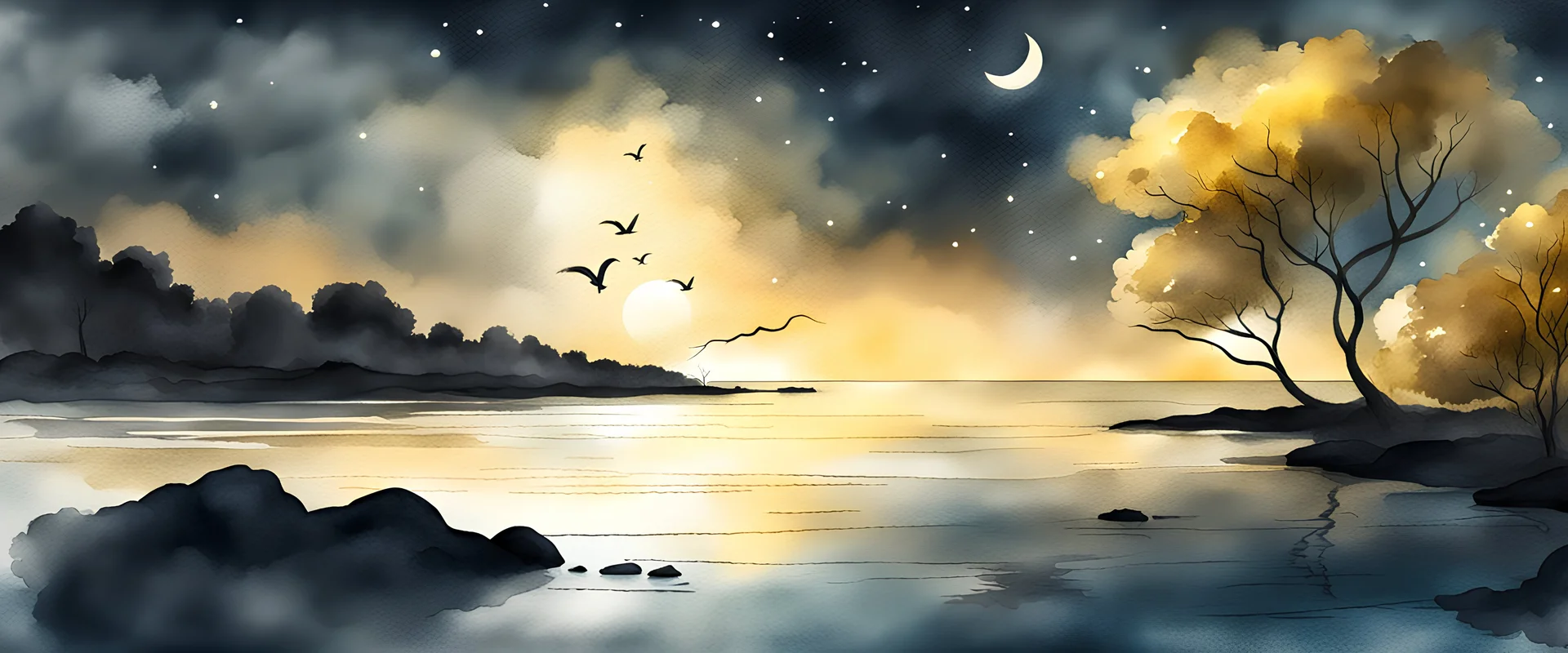 fantasy concept art coastline with golden trees, stormy night sky, shooting stars, linear, watercolour