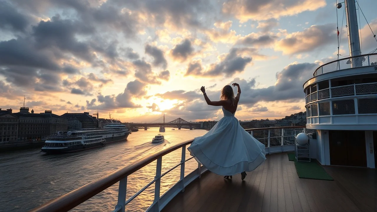 UK oxford street over times river deck of a big ship beautiful lady dancing ,ships in river, cloudy sky,sunset