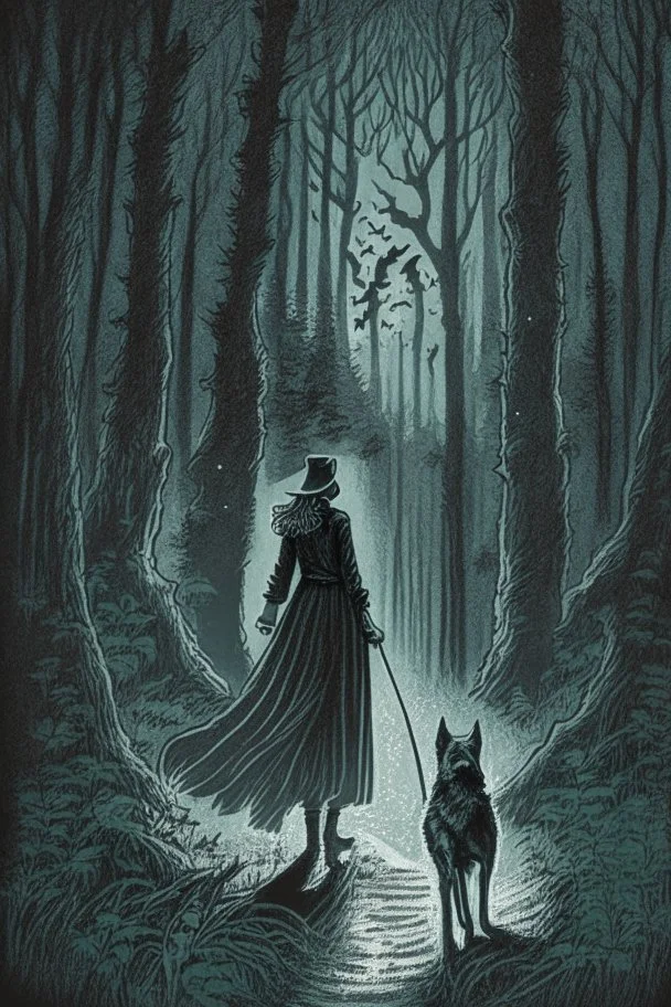 in the style of a Henry Justice Ford drawing, a beautiful witch walks through a dark forest, a dog is seen standing at the horizon waiting for her