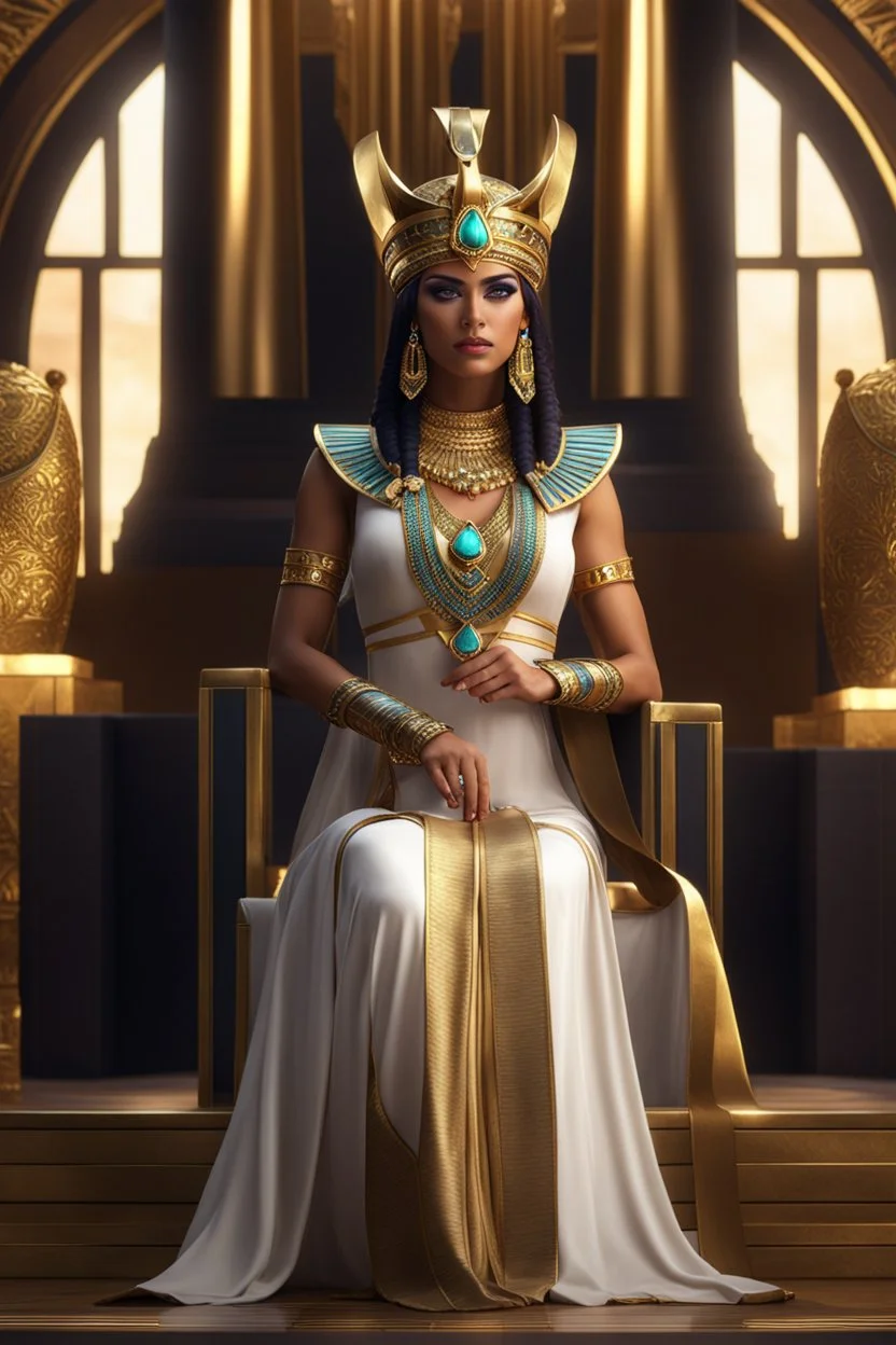 Cleopatra ((masterpiece)), (ethereal beauty:1.3), iconic asp headpiece, (historically accurate attire:1.4), kohl-lined eyes, (intricate gold jewelry:1.3), UHD, 64K, hyperrealistic, vivid colors, atmospheric godrays, (glow effects:1.2), 8K resolution, throne room background with hieroglyphics, HDR depth, 4K ultra detail, commanding regal aura, real photo