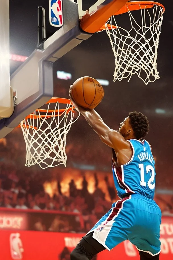 8k, highly realistic and detailed image of a NBA basketball player in action dunking the ball in the net, sweaty hair, screaming look,action and smoke and flames background