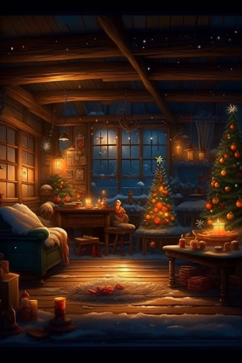 Cozy Christmas scene, magical, twinkle