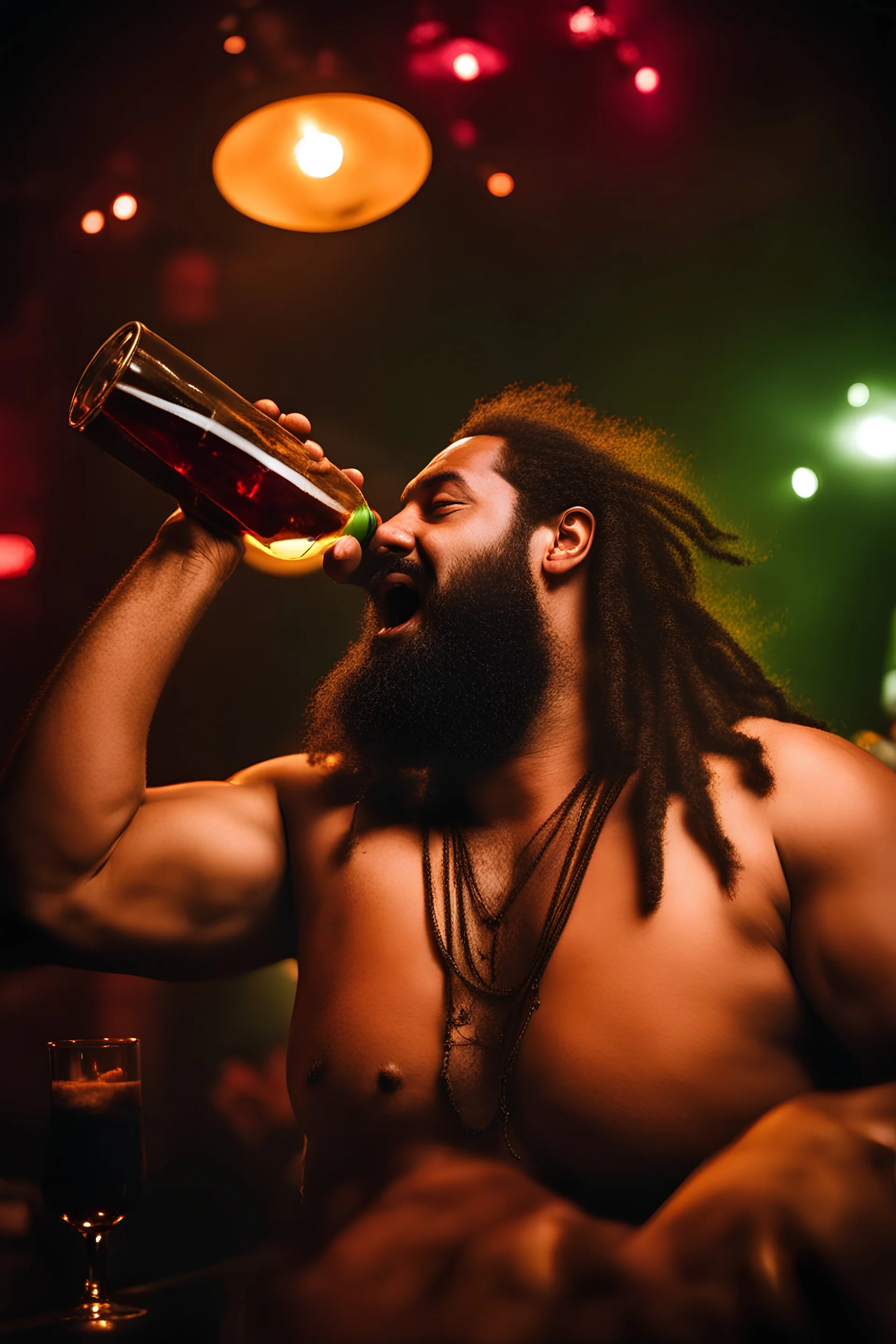 half figure photography of a rastaman chubby muscular strong 39-year-old arab in a discoteque, ajar mouth, shirtless, short beard, bald, drinking cocktail, manly chest, very hairy, side light, view from the ground