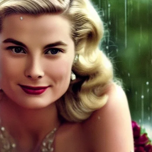 grace kelly sitting on a chair under the rain, long hair, beautiful, high details, dragon tatoo, short dress, curly hair, green eyes, realistic, 4k