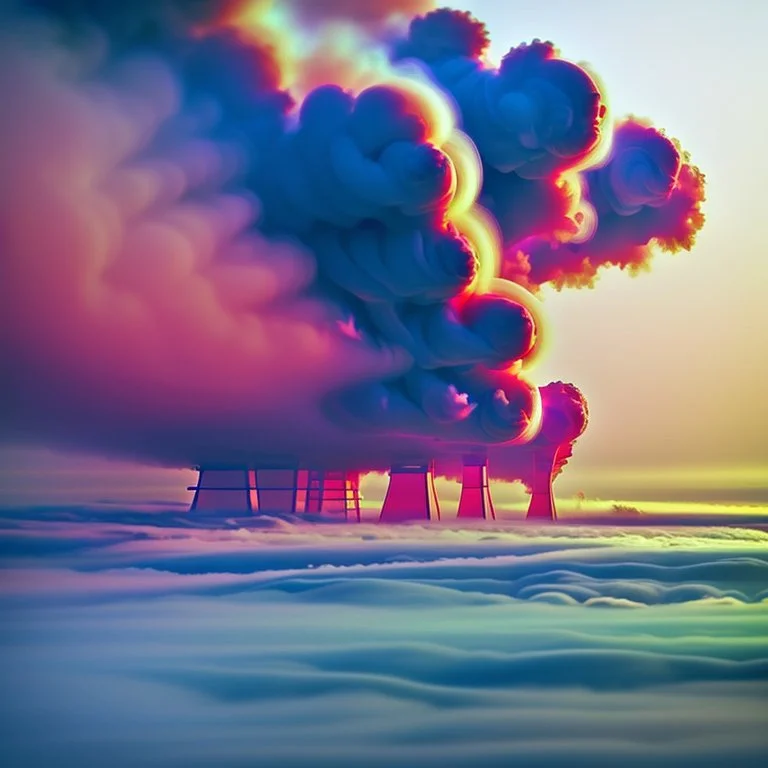 garbage dump, smoke plumes, clouds, smog, city scape with pollution, double exposure photography, colourful nature, clean sharp focus, on white background, Fractal Geometry buildings, sacred geometry