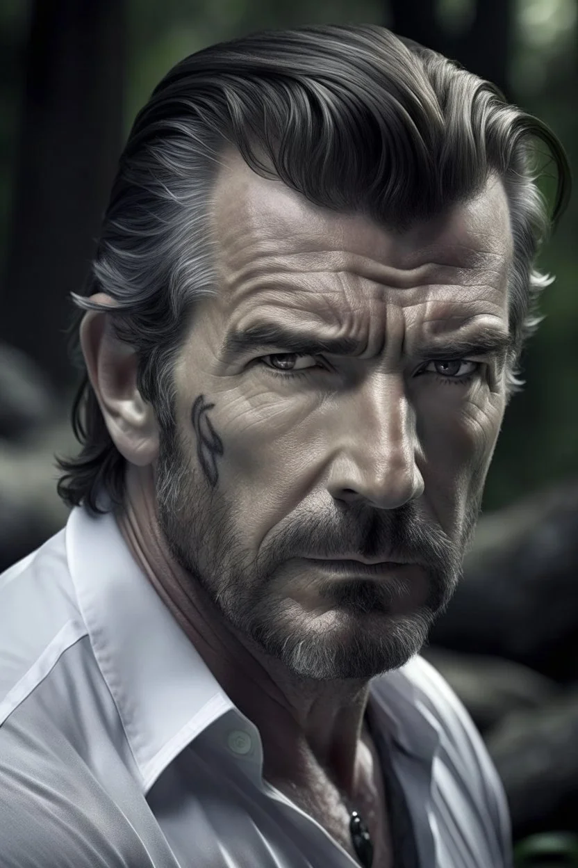 Portait young pierce brosnan as fantasy alpha werewolf in human form very muscular short cropped dark hair and stubble on chin, tribal tattoos wearing white button up shirt with rolled up sleeves realistic face, close-up, dark fantasy, fantasy forest, intricate details, hyper detailed, photograph