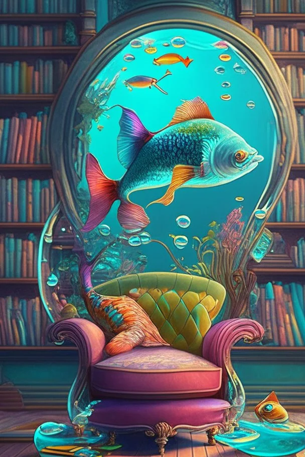 An aquarium glass cat shaped aquarium with fish, colorful fish, in an old style cozy library with a comfortable armchair to sit in and a large aquarium with fish, colorful fish