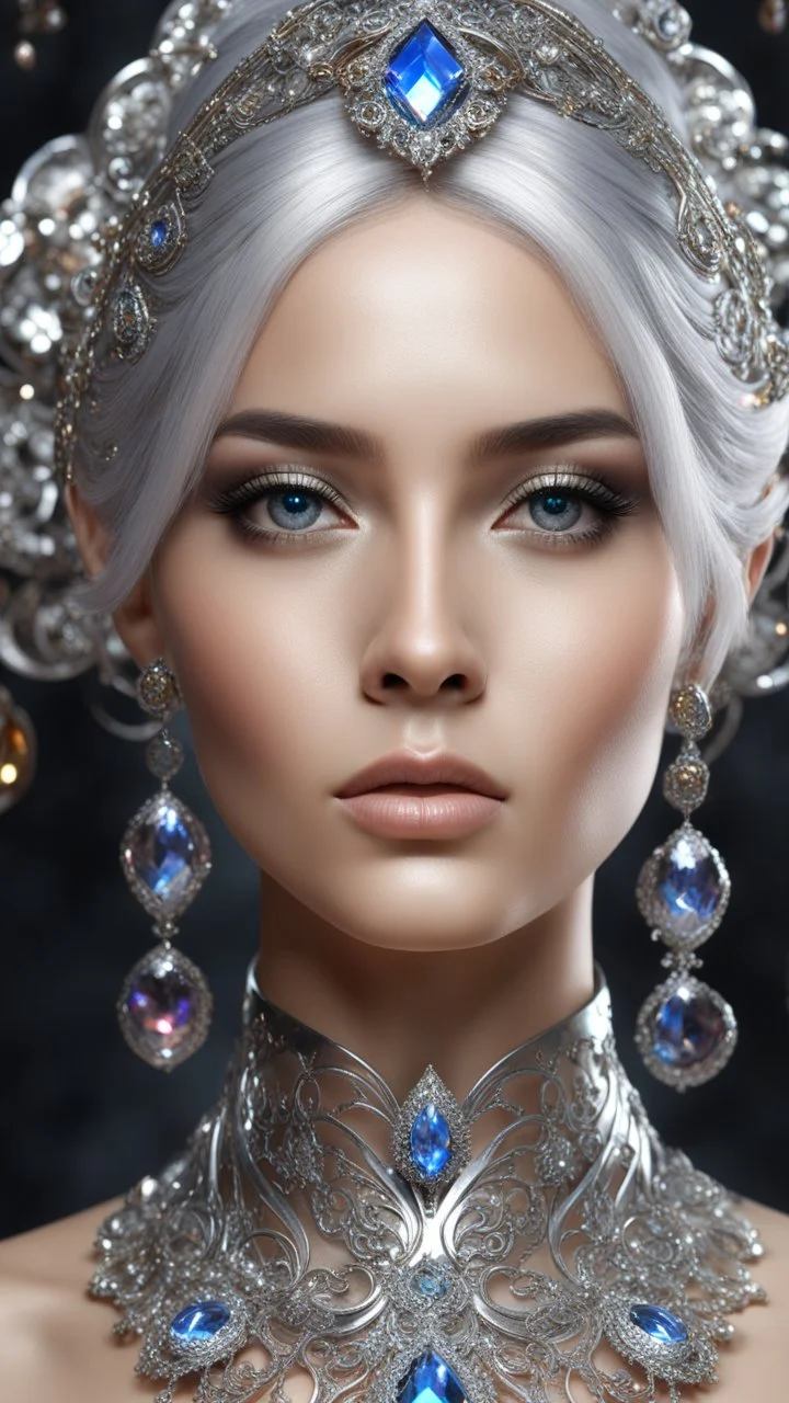 AI 3d photo realistic portrait of young woman, beautiful, shiny hard eyes, make up, Fantasy style, shiny baubles, ornate, large gemstones, shiny molten metalics, shiny wire filigree, silver hair, high definition, high res, octane render, 64k, 3d