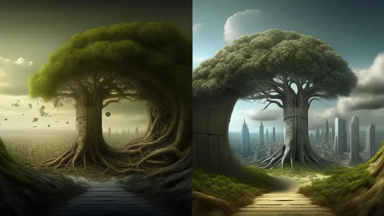 the last tree on earth, portal to a space near the tree on the left, on the right city of the future year 4222, very realistic,