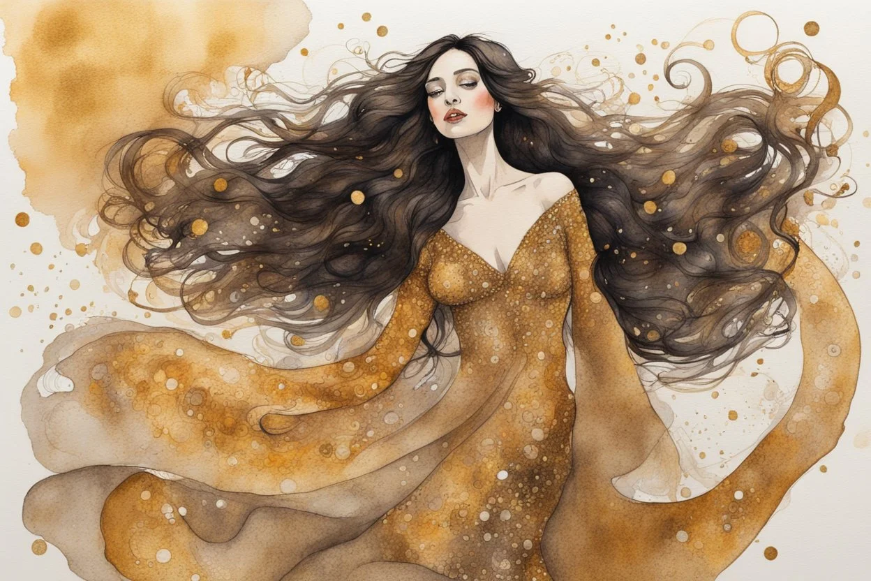 Dynamically dancing long haired brunette woman, in Klimt style, in ochre, watercolor and ink, golden glitters