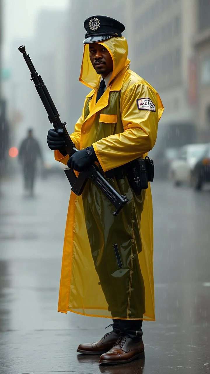 retro nypd full body color 1920 blackmen policeman wtih heavy yellow rain transparent coat with thompson riffle