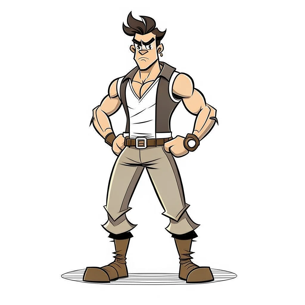 game charachter design, his name is Paulo, Brazilian,angry, full body, simple, muscled, perfectly drawn, detailed, no background,centered