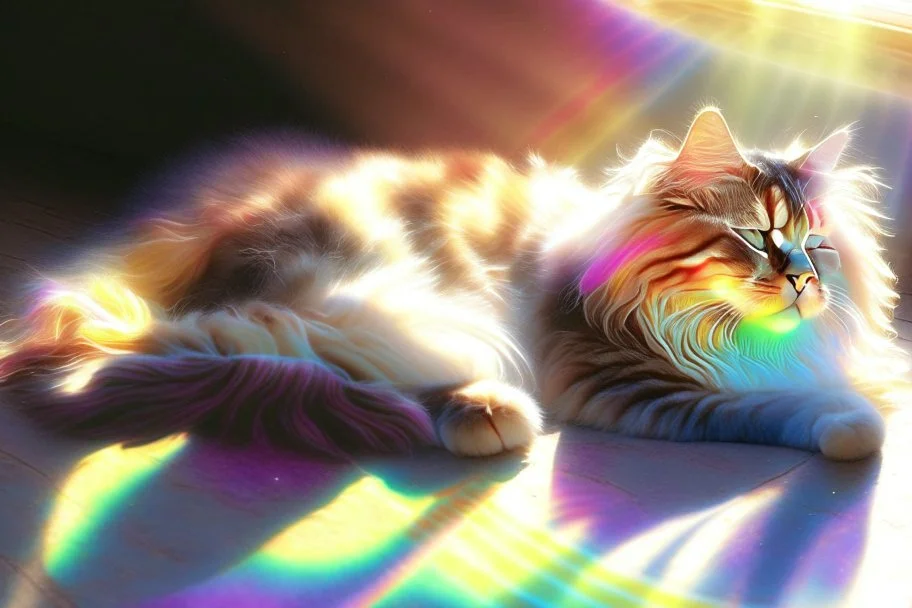 cute lifelike maine coon cat lying in holographic rainbow sunshine