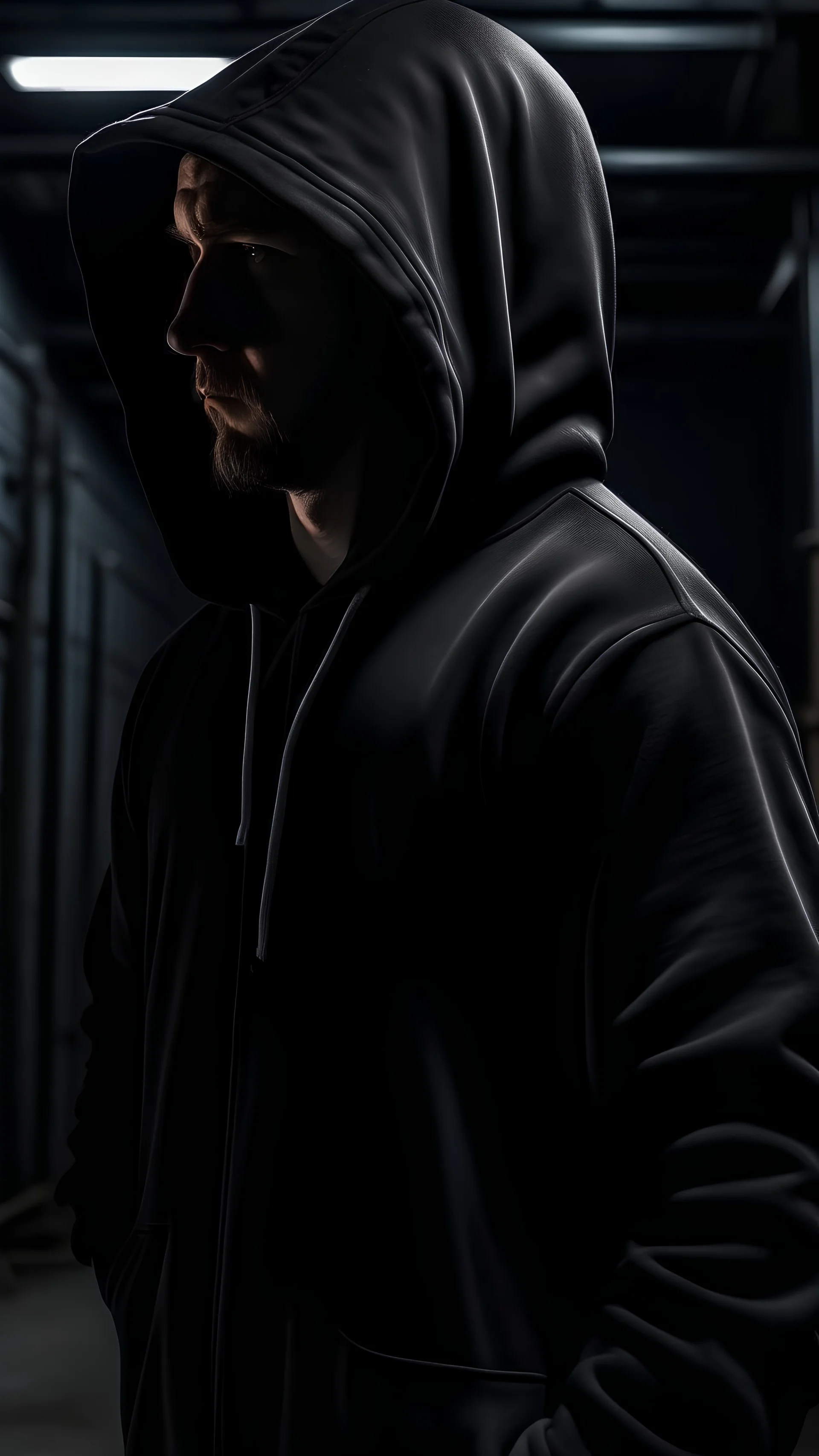 hi detail man inside a warehouse next to a wall in a hoodie holding a black hoodie