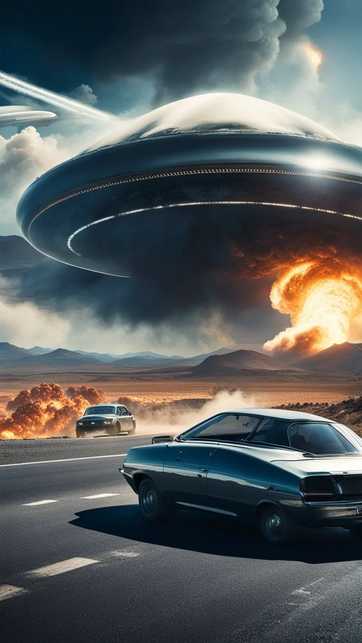 The image shows a photograph with a science fiction theme. Reflected in a side-view mirror, we see a car with passengers, driving on a desolate road. In the background, a large UFO hovers in the sky while multiple explosions erupt in the distance, sending up clouds of smoke and fire. The mirror's border frames this chaotic scene, juxtaposing a calm, seemingly oblivious drive with the dramatic events unfolding behind.