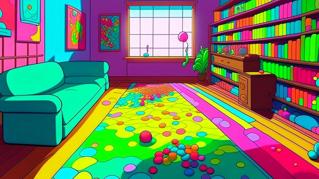 Fantasy cartoon illustration: Living room. On the floor there is a bright blue dot - it's a jelly bean! And nearby there is a whole trail of colorful jelly beans: red, green, purple, orange, red, blue, orange, purple, orange, green, pink, red, purple.