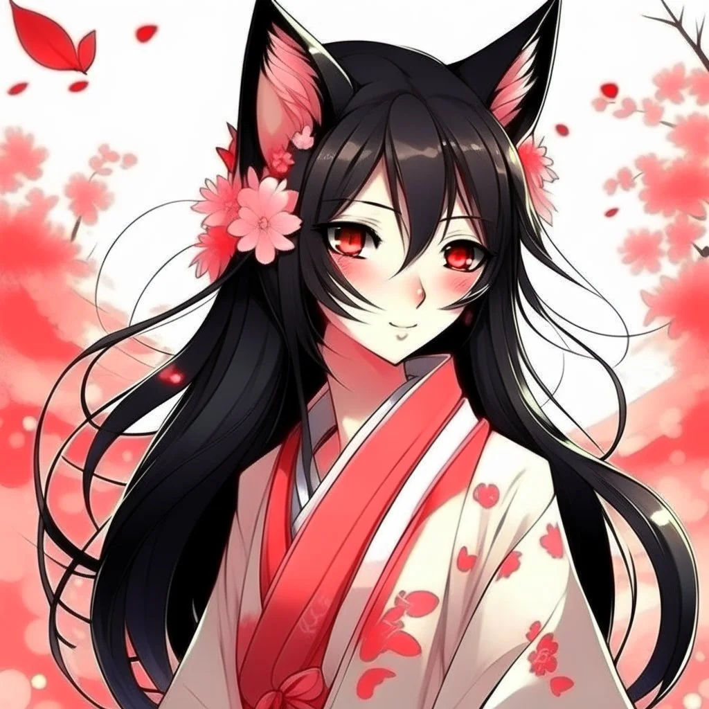 manga anime kitsune black hair pink eyes