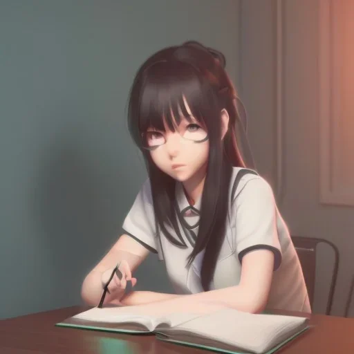 girl studying in room, anime style