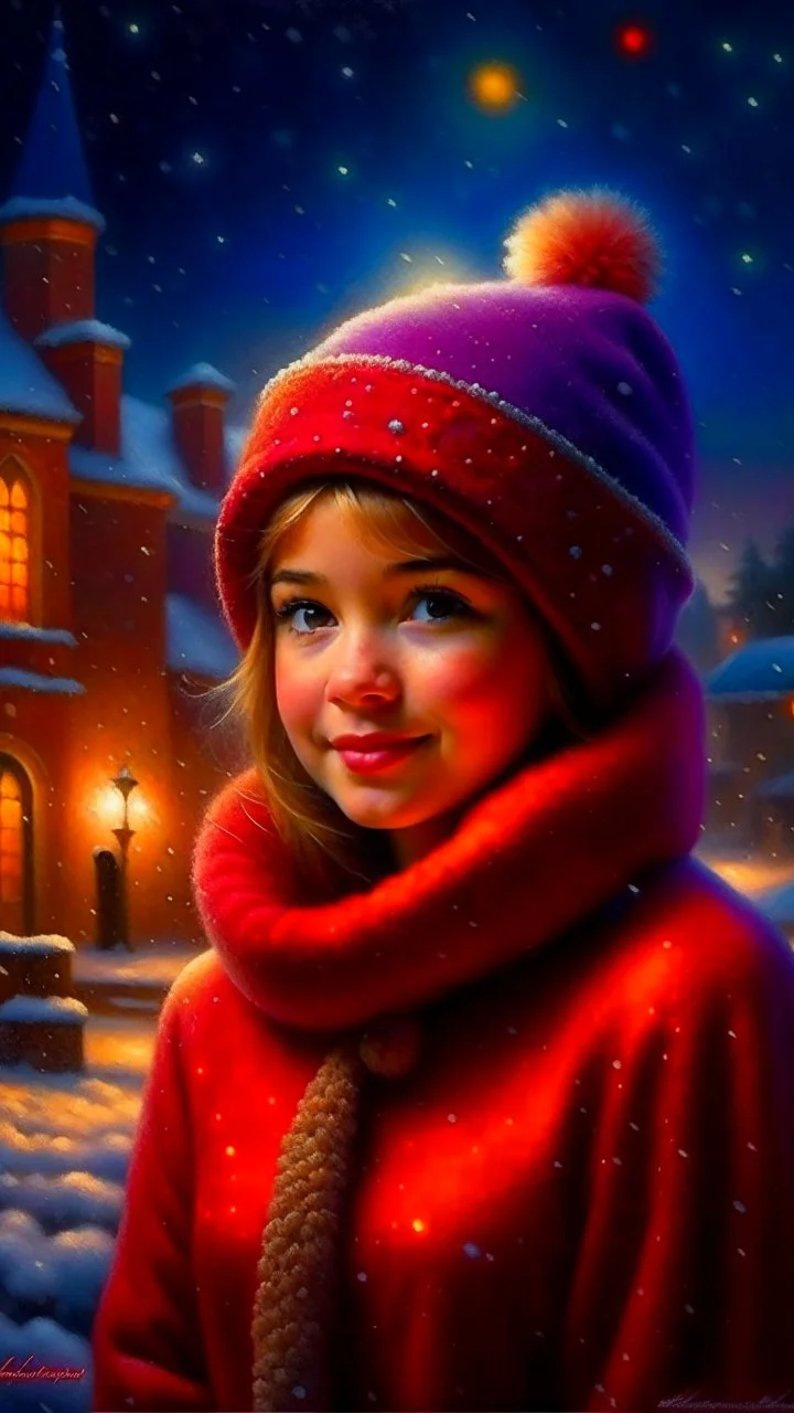 Painting of a cute girl in a red hat and scarf, snowfall in the background, bright night, by Thomas Kinkade