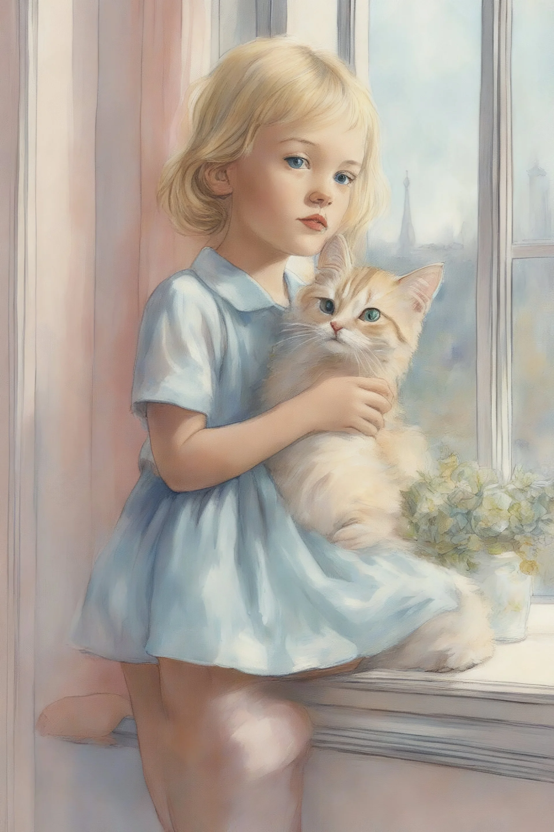 Illustration of model gemma ward as toddler, at the window,with a cat, 1980s,style of Marcel Marlier, pastel colors