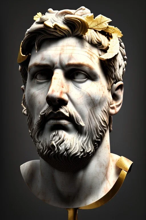 Ultra Realistic image, Roman sculpture, clean white marble material, Lionel Messi, gold Laurel leaves wreath, renaissance ornaments, one gold star, chisel style, waist up portrait, emperor style, epic, celestial, cinematic lighting,, god rays, 4k resolution, smooth details, ornate details, soft lighting, unreal engine 5, art station, substance 3d.