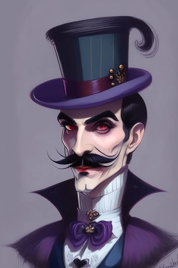 Strahd von Zarovich with a handlebar mustache wearing a top hat acting kawaii